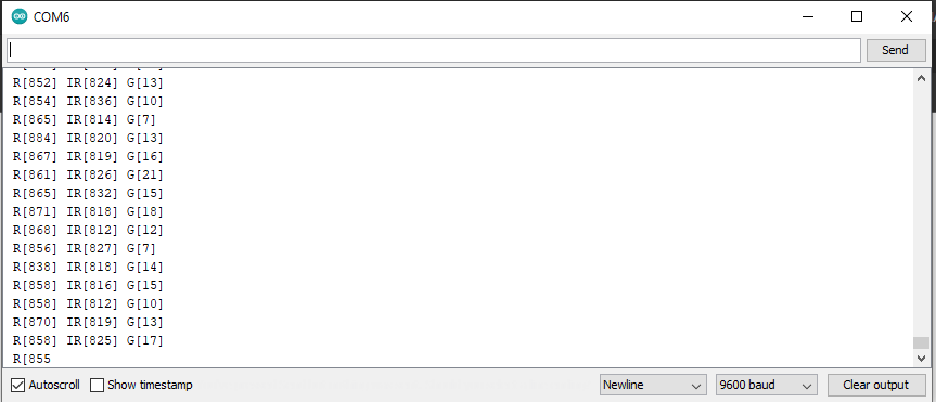 Arduino Serial Monitor of the R and IR values