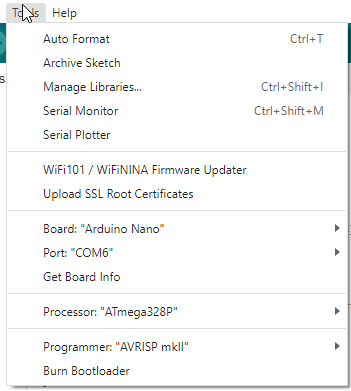 Arduino's tool settings