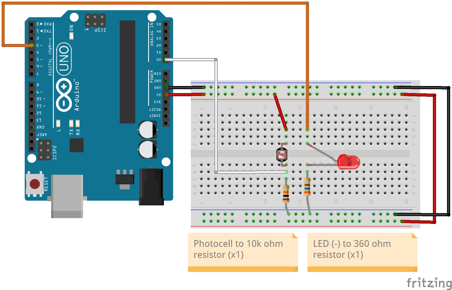 Initial Testing - Wiring Diagram of a Photocell and one LED