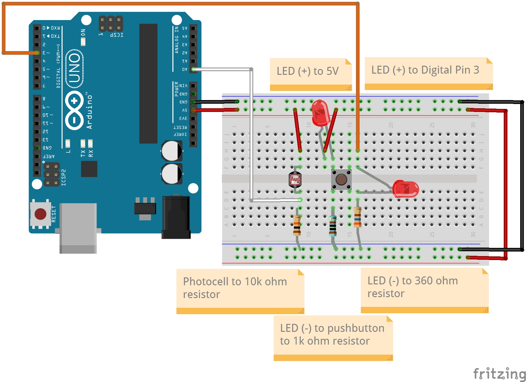 wiring diagram of photocell, two LEDs, and pushbutton