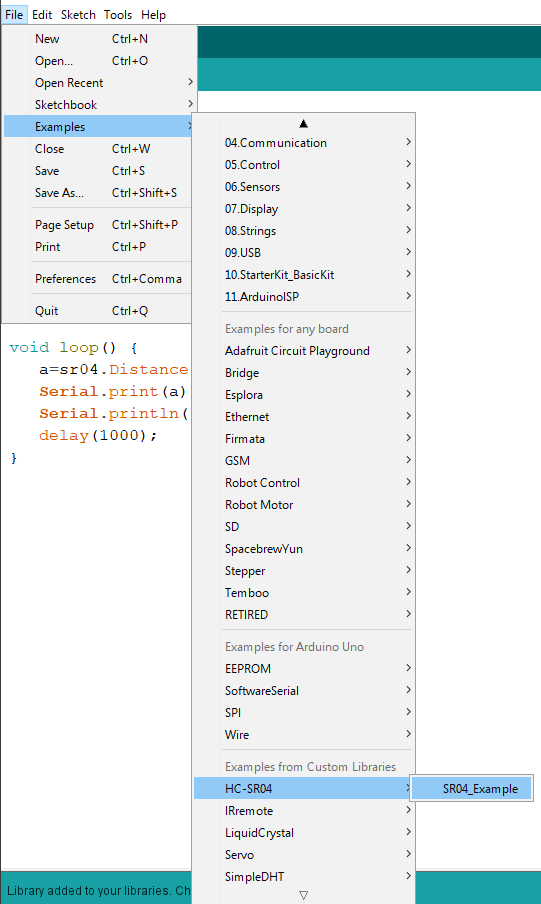 Opening the example code for the HC-SR04 library