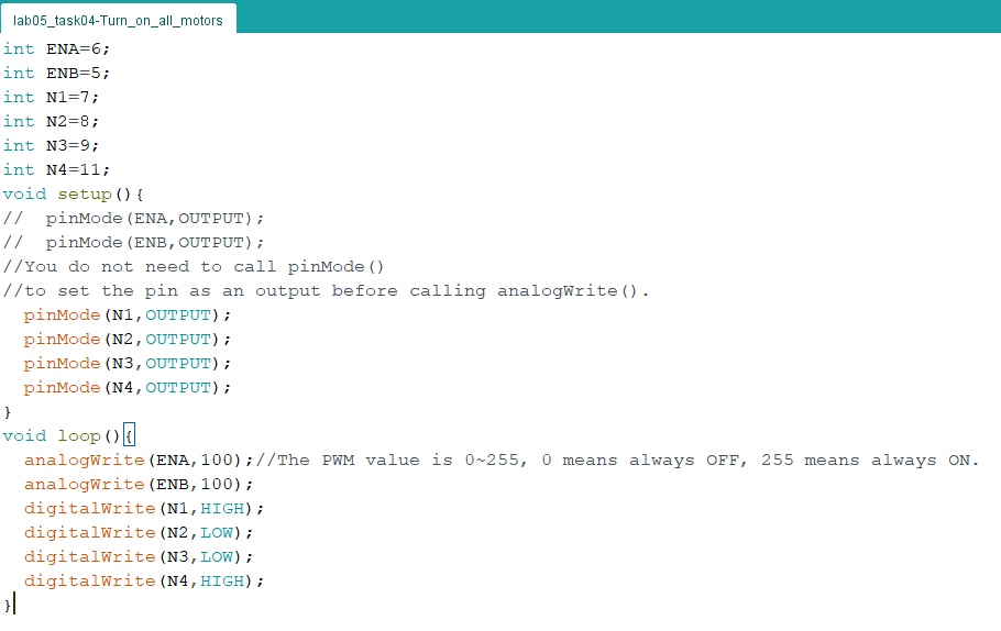 Arduino code for turning on all the motors